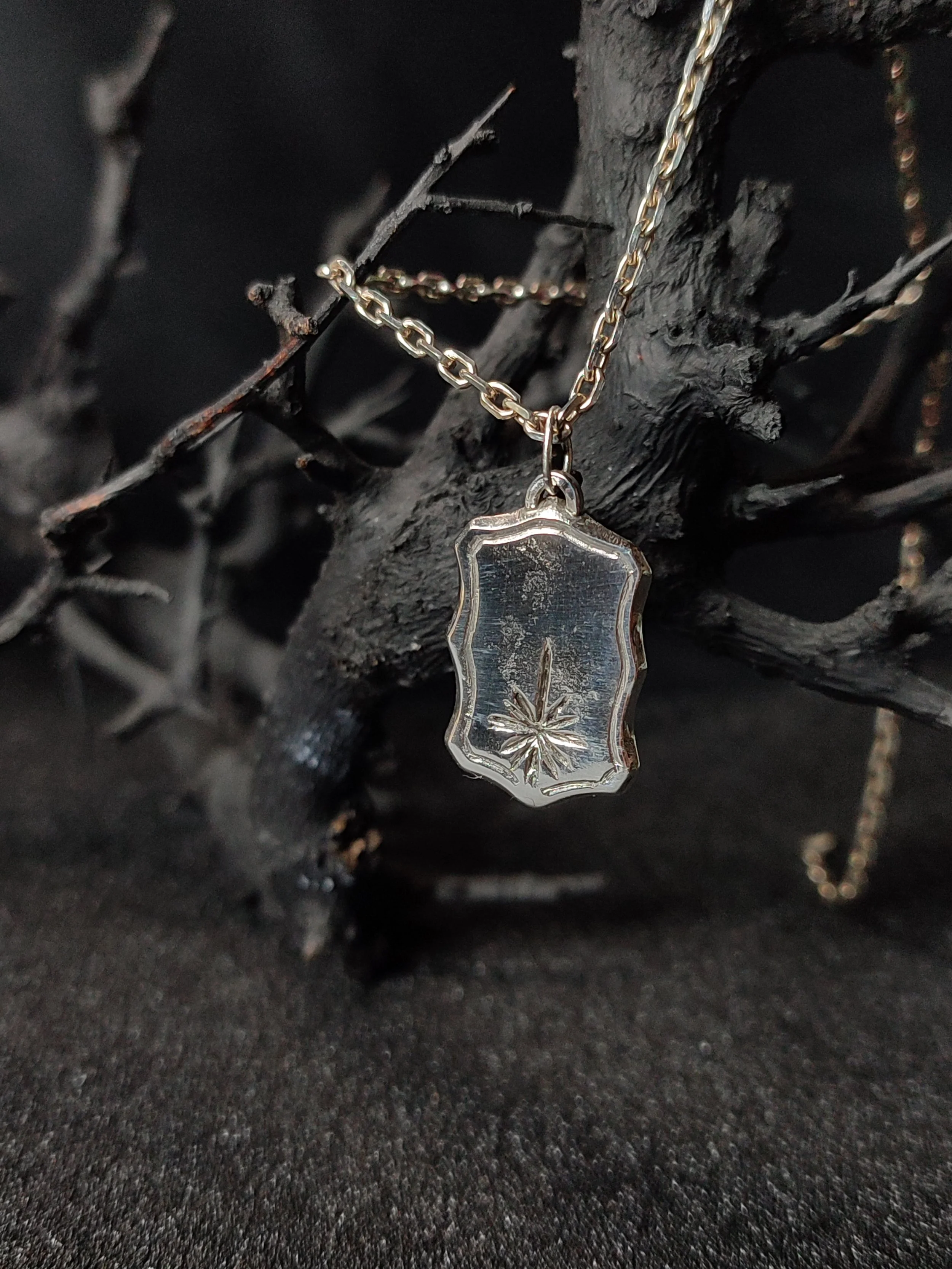 Pendentif de deuil en argent en forme de blason. Bijou memento mori, mourning jewelry, pendentif gothique en argent massif sur une chaîne Bijou de deuil fabriqué en France.