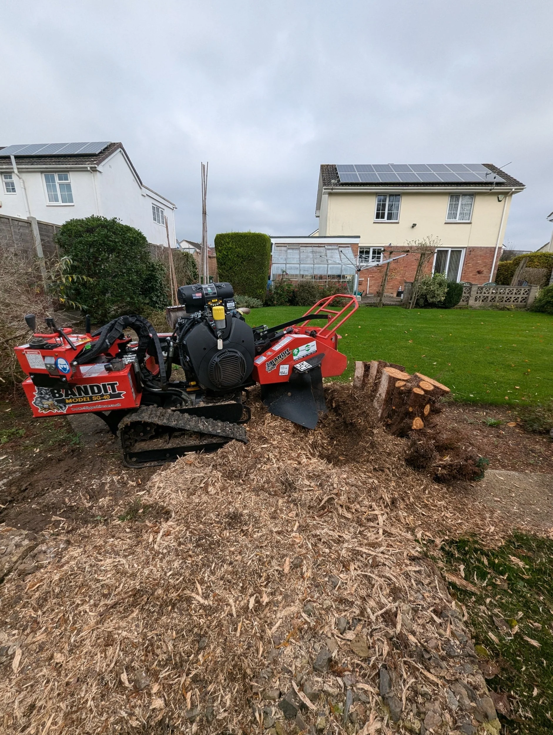 Stump grinder removing tree stump in yard with solar panel houses in background.