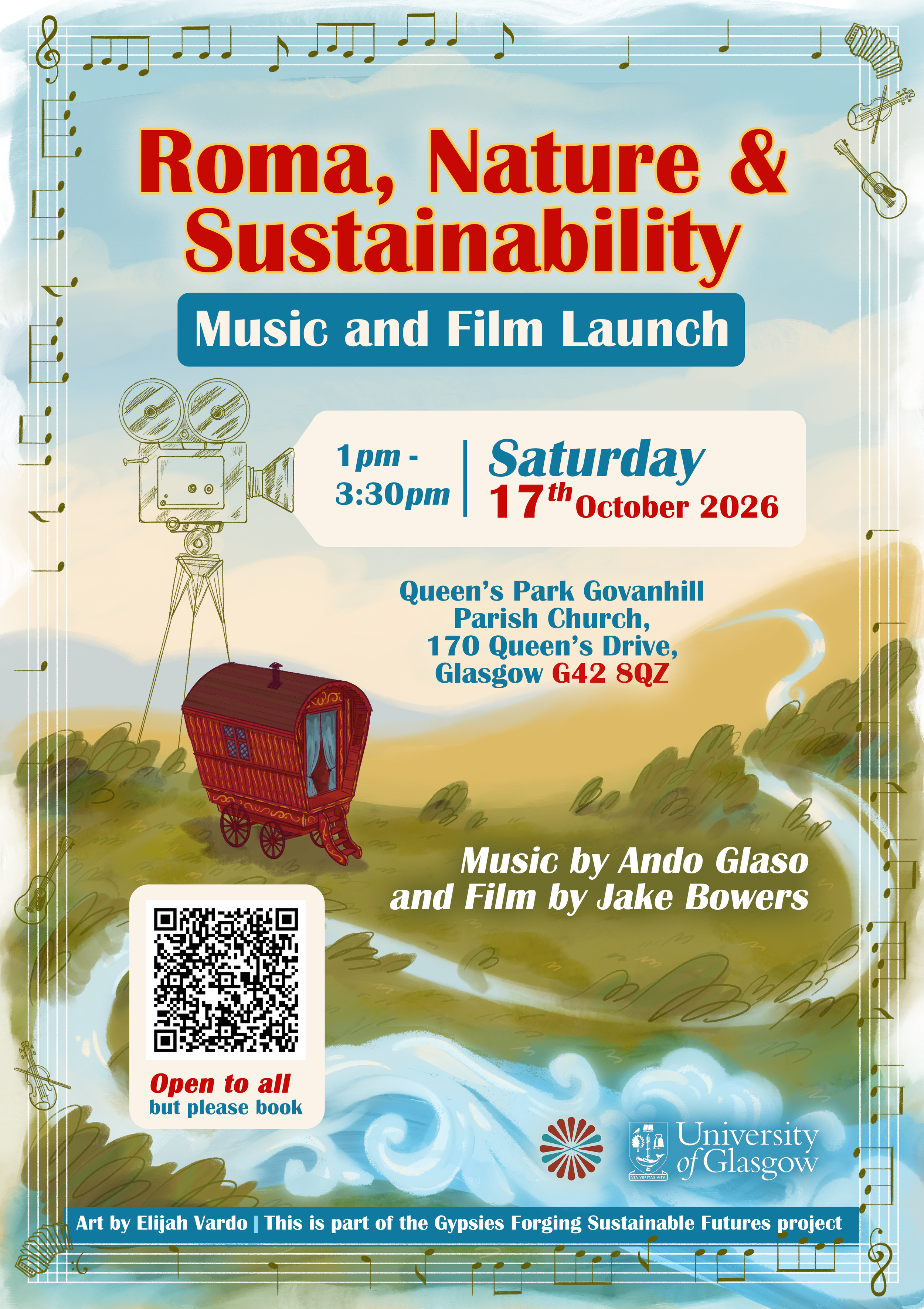  Illustrated poster for Roma, Nature and Sustainability music and film launch. Text reads: “1pm – 3:30pm, Saturday 17th October 2026. Queen’s Park Govanhill Parish Church, 170 Queen’s Drive, Glasgow G42 8QZ. Open to all but please book. Music by Ando