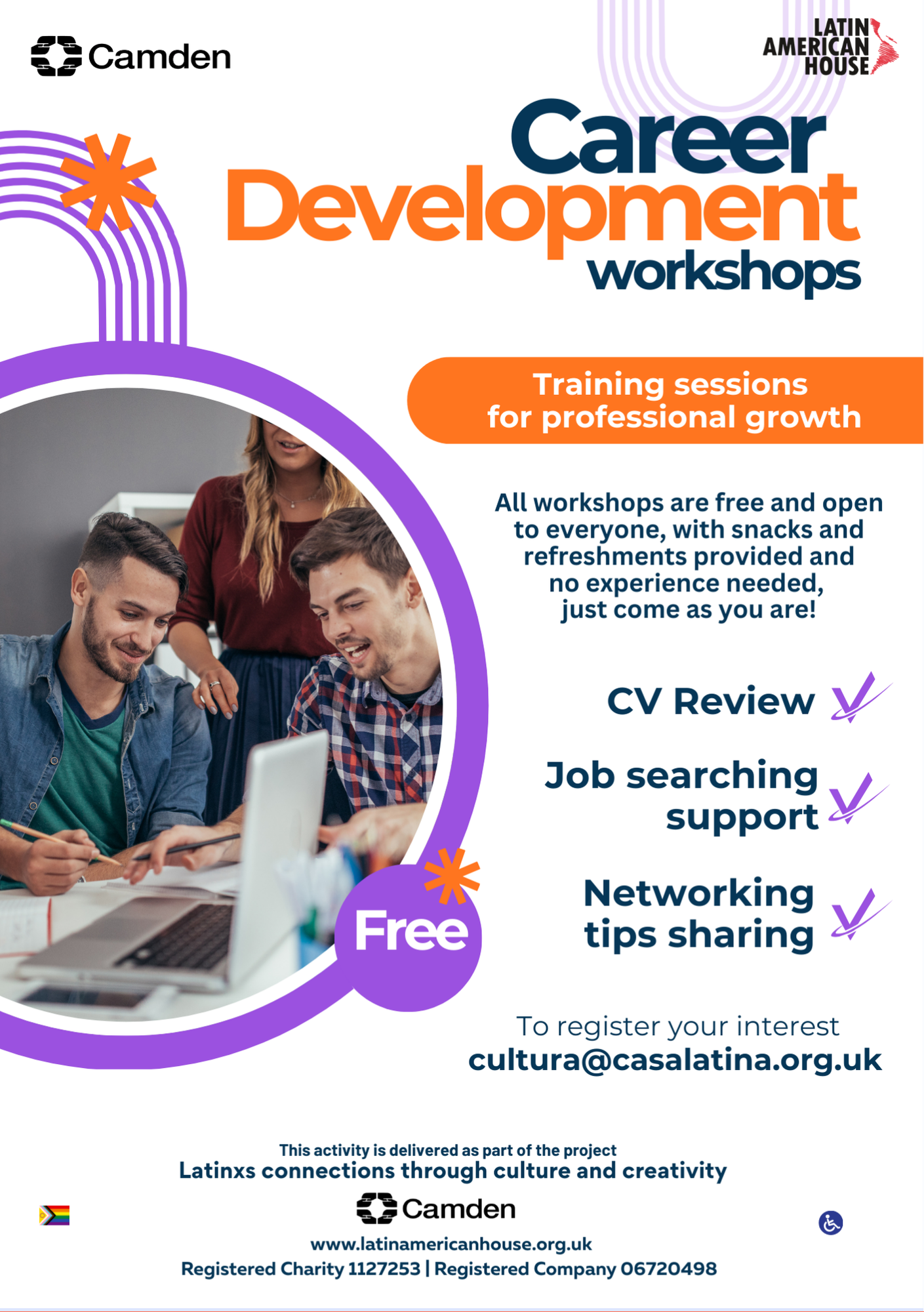 Flyer for free career development workshops hosted by Camden and Latin American House, featuring a photo of young adults working together at a laptop.