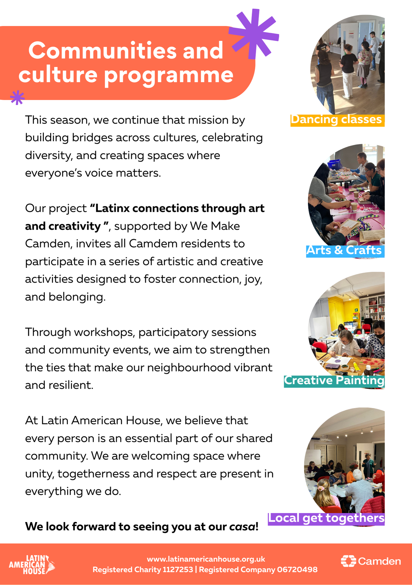 Poster titled "Communities and culture programme" showcasing activities like dancing classes, arts & crafts, creative painting, and community gatherings at Latin American House in Camden.