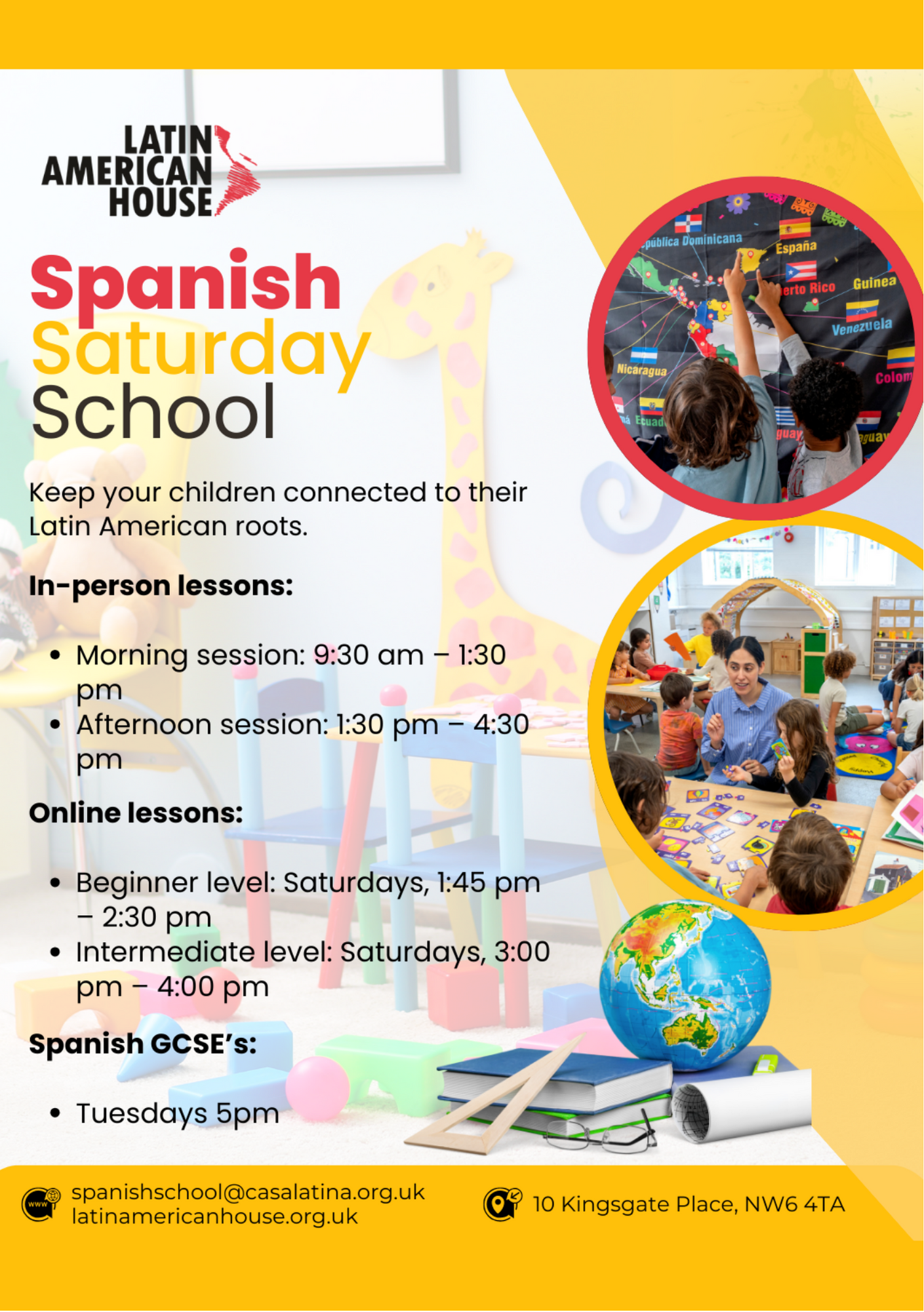 Flyer for Latin American House Spanish Saturday School with colorful text and images of children learning, including a globe, books, and classroom scenes.