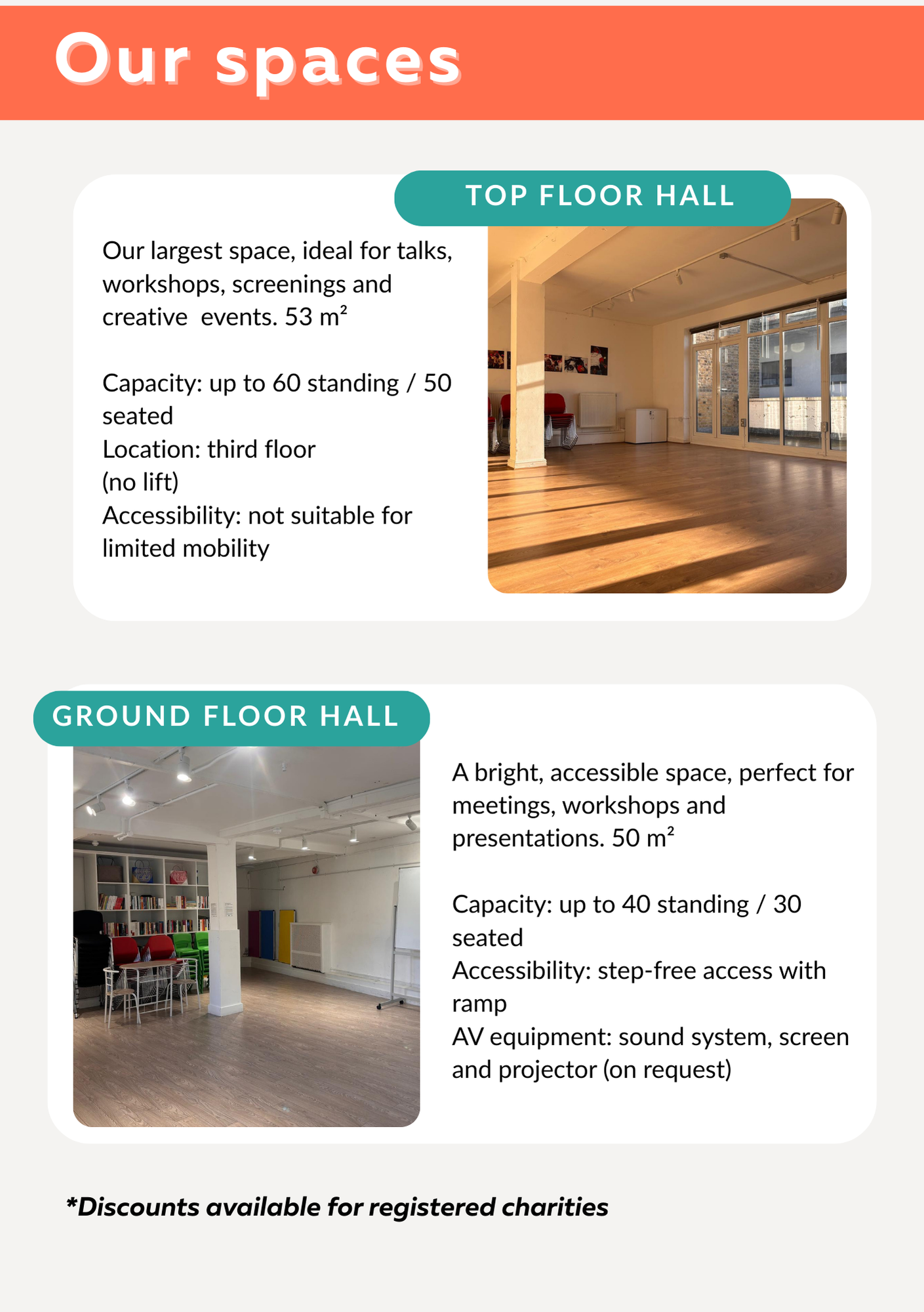 Details of two event spaces, a top floor hall with large windows and wooden floors, and a ground floor hall with white walls, bookshelves, and colorful chairs.