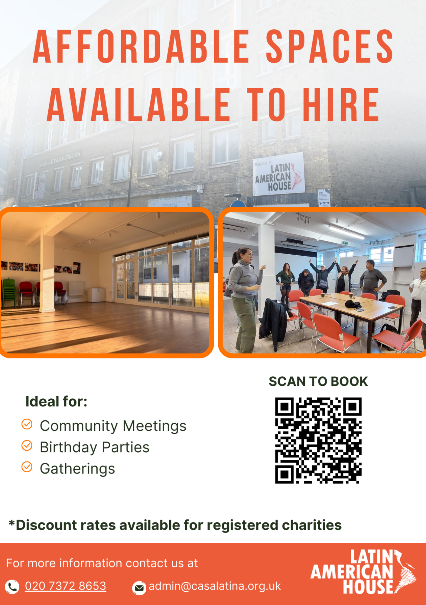 Flyer advertising rental of affordable spaces at Latin American House, featuring interior photos of community event room and meeting room, with a QR code for booking and contact details for phone and email.