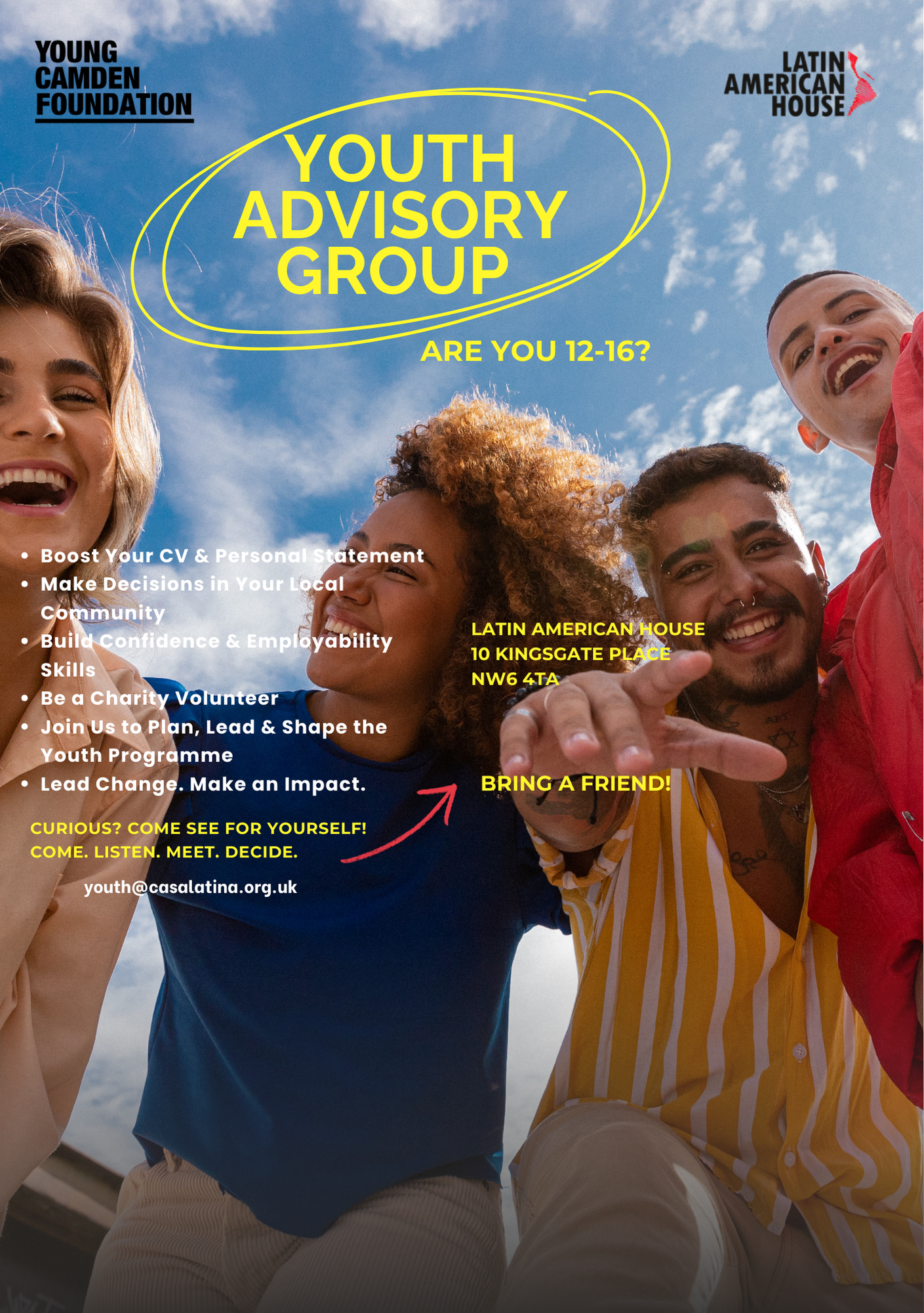 A group of diverse young people smiling and celebrating outdoors against a partly cloudy sky, promoting a youth advisory group for ages 12 to 16.