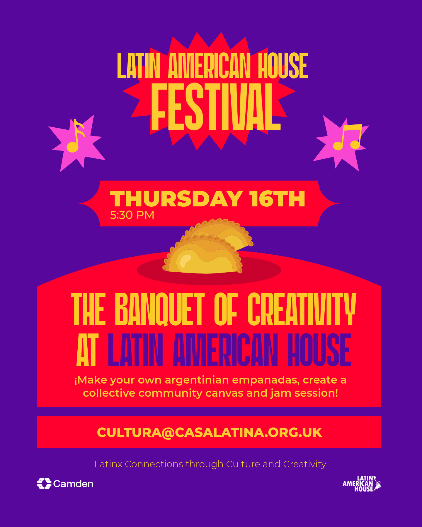 Purple background Latin American House Festival poster with red and yellow text, featuring taco illustrations and musical notes, detailing the event date, time, and contact information.