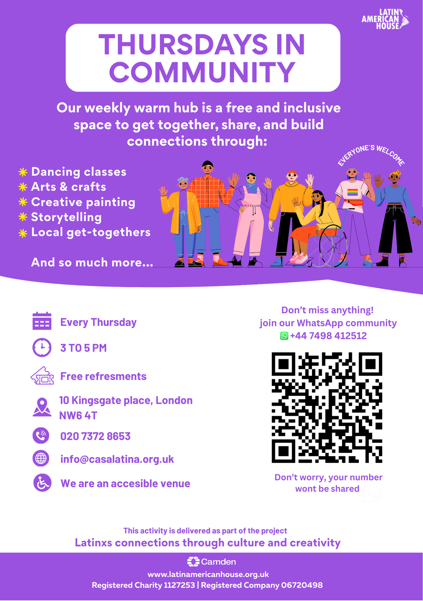 Flyer for 'Thursdays in Community' hosted by Latin American House, featuring colorful illustrations of diverse people, with details about the weekly event every Thursday from 3 to 5 PM at 10 Kingsgate Place, London, including contact information and a QR code.