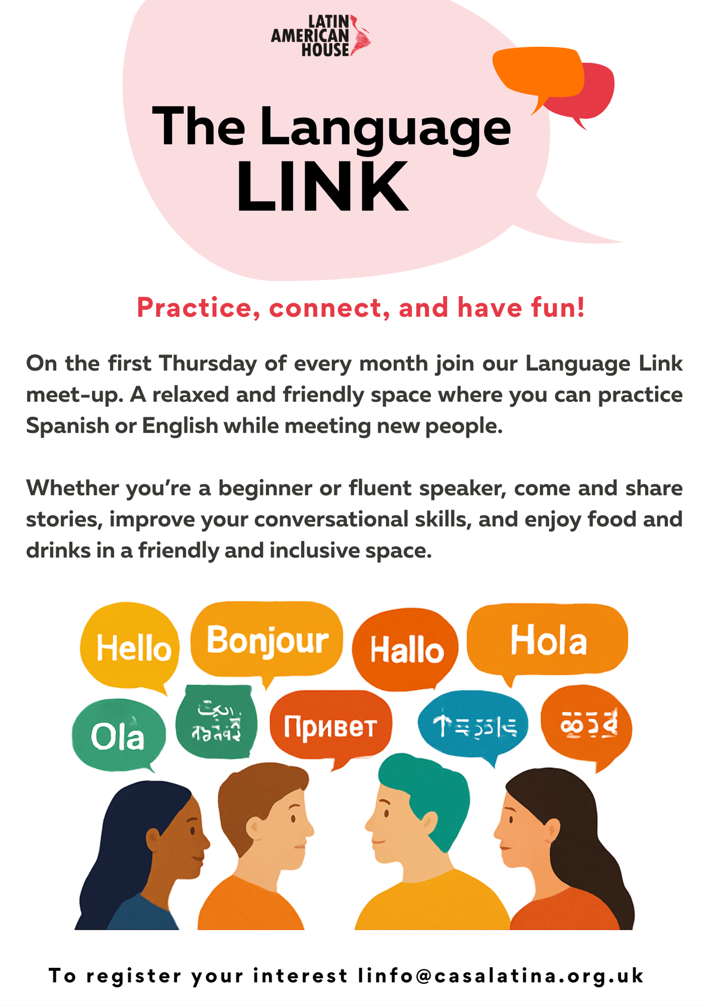 Flyer for Latin American House's Language Link meet-up with diverse people and speech bubbles showing hello in multiple languages.