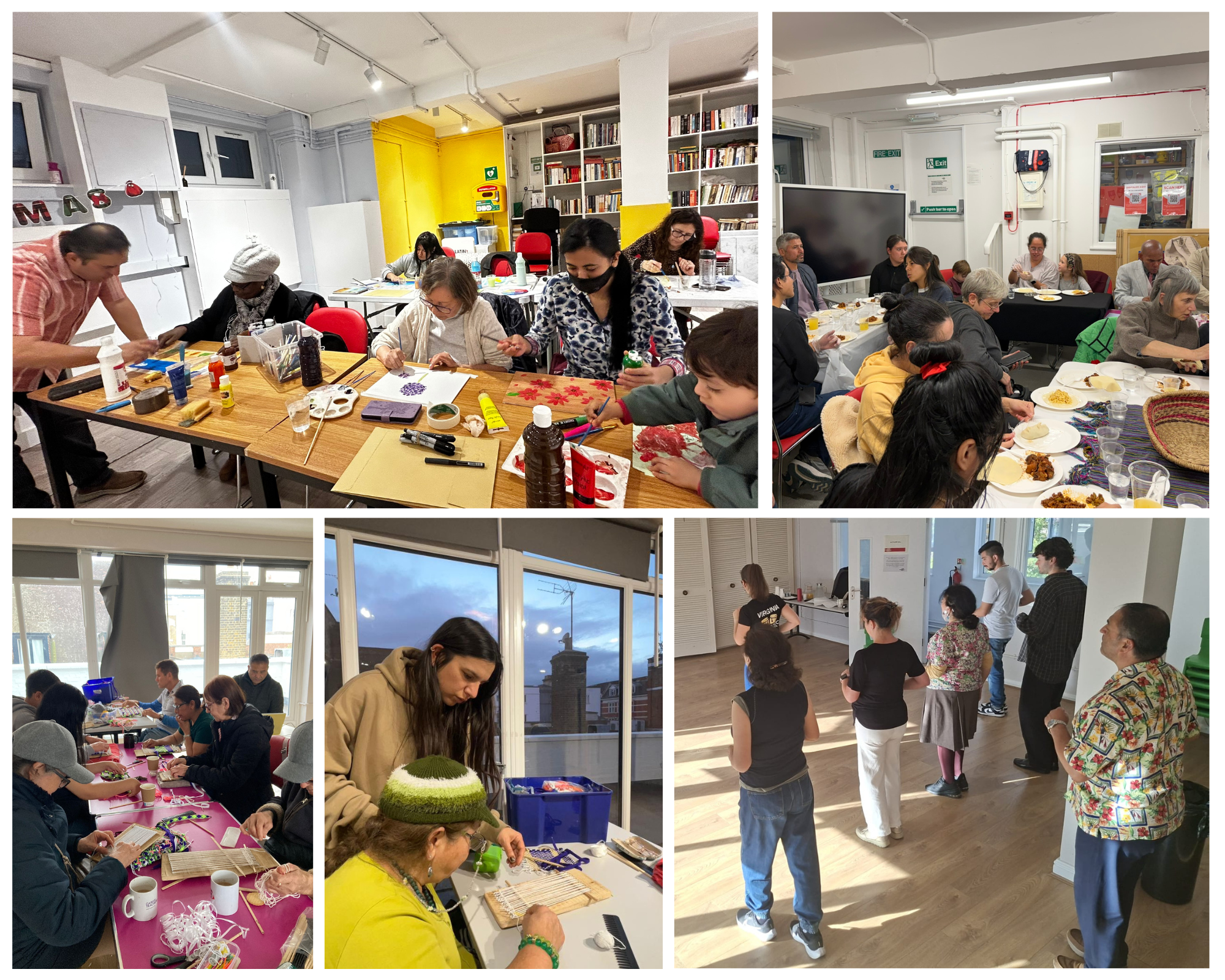 Collage of five images showing people engaging in various activities in indoor settings. Top left shows a craft workshop with people creating art projects at a table. Top right depicts a group dining together at a communal meal. Bottom left features a group knitting or crafting around a table. Bottom middle shows a woman working on a craft project with a display of materials. Bottom right captures a group of people in a room, some standing and talking.