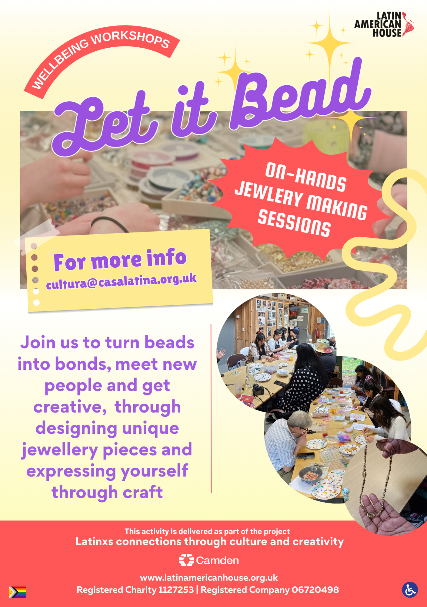 Flyer for 'Let it Bead' jewelry making workshops featuring images of bead crafting, participants working on jewelry in a workshop setting, and contact information for Latin American House.