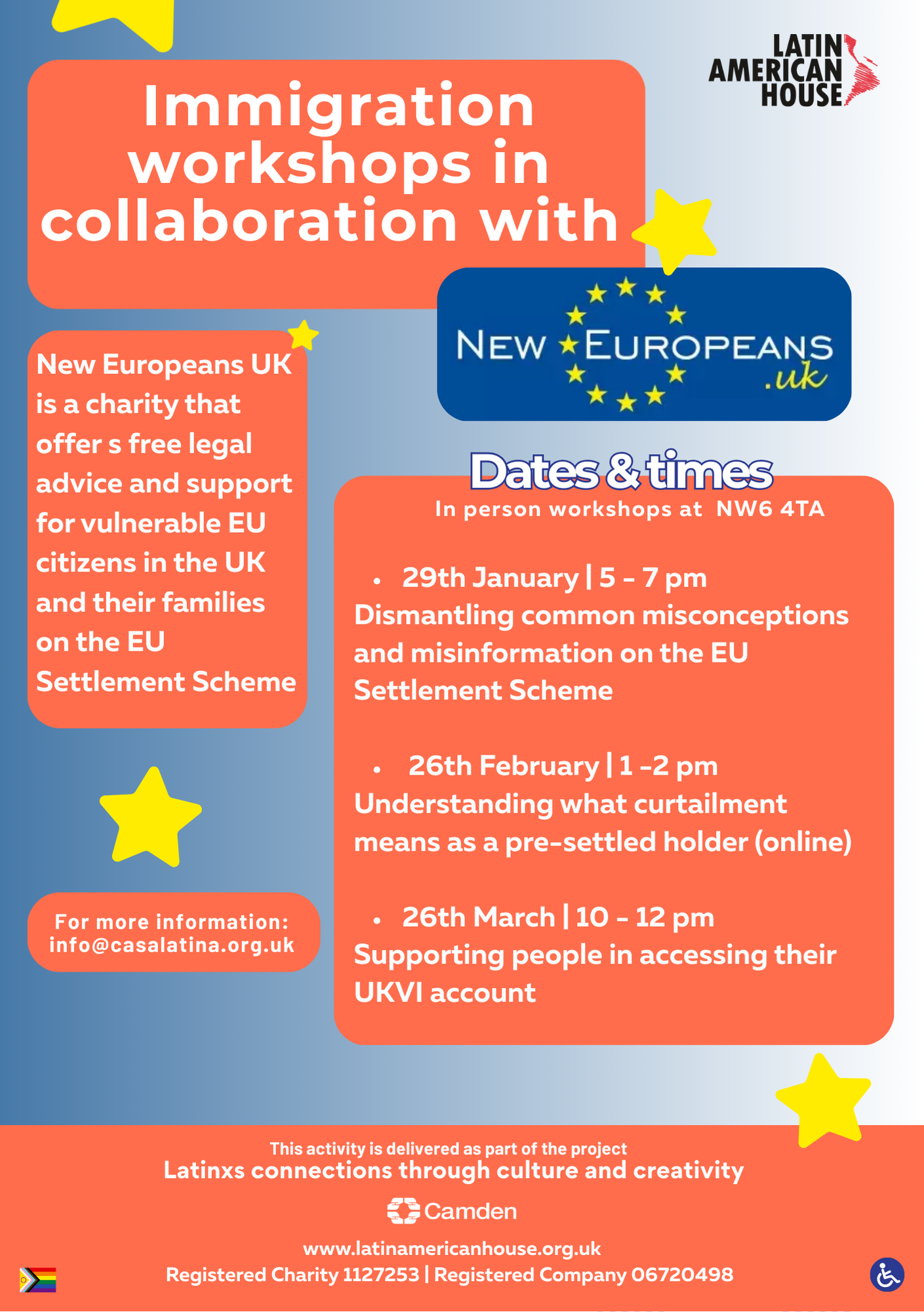 Flyer for immigration workshops in collaboration with New Europeans UK, offering free legal advice for vulnerable EU citizens in the UK, with dates and times listed for January, February, and March at NW6 4TA.