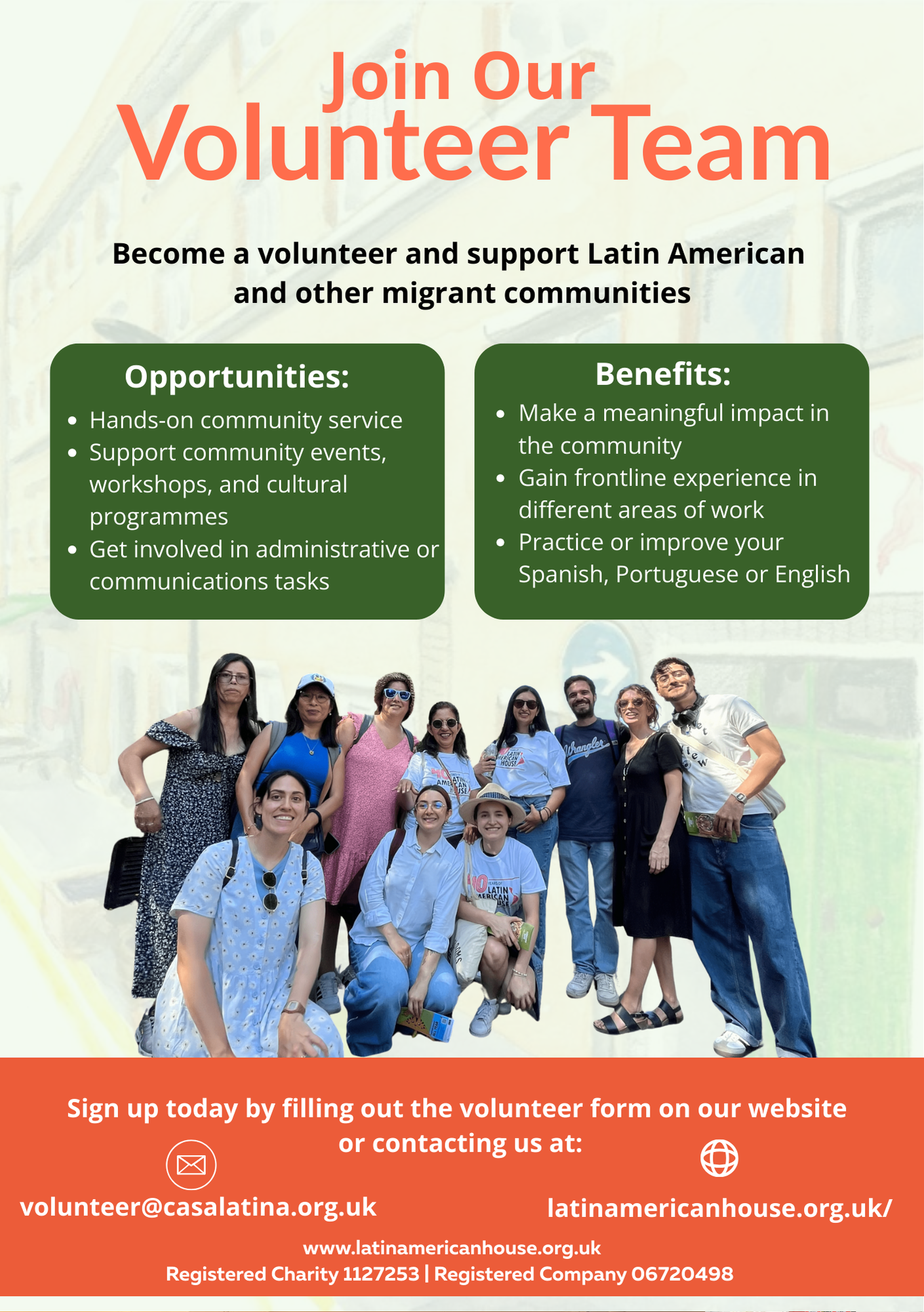 Flyer inviting people to join a volunteer team supporting Latin American and migrant communities, featuring a group photo of volunteers and contact information.