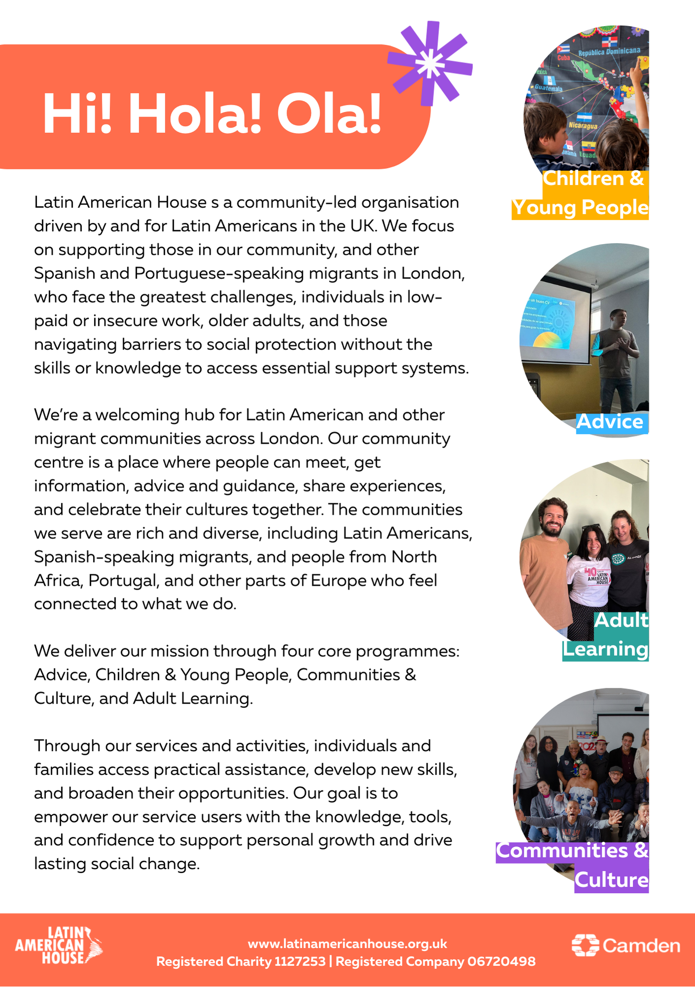 A flyer introducing Latin American House in London, with text about its mission supporting Latin Americans and Spanish and Portuguese-speaking migrants, alongside four images labeled Children & Young People, Advice, Adult Learning, and Communities & Culture.