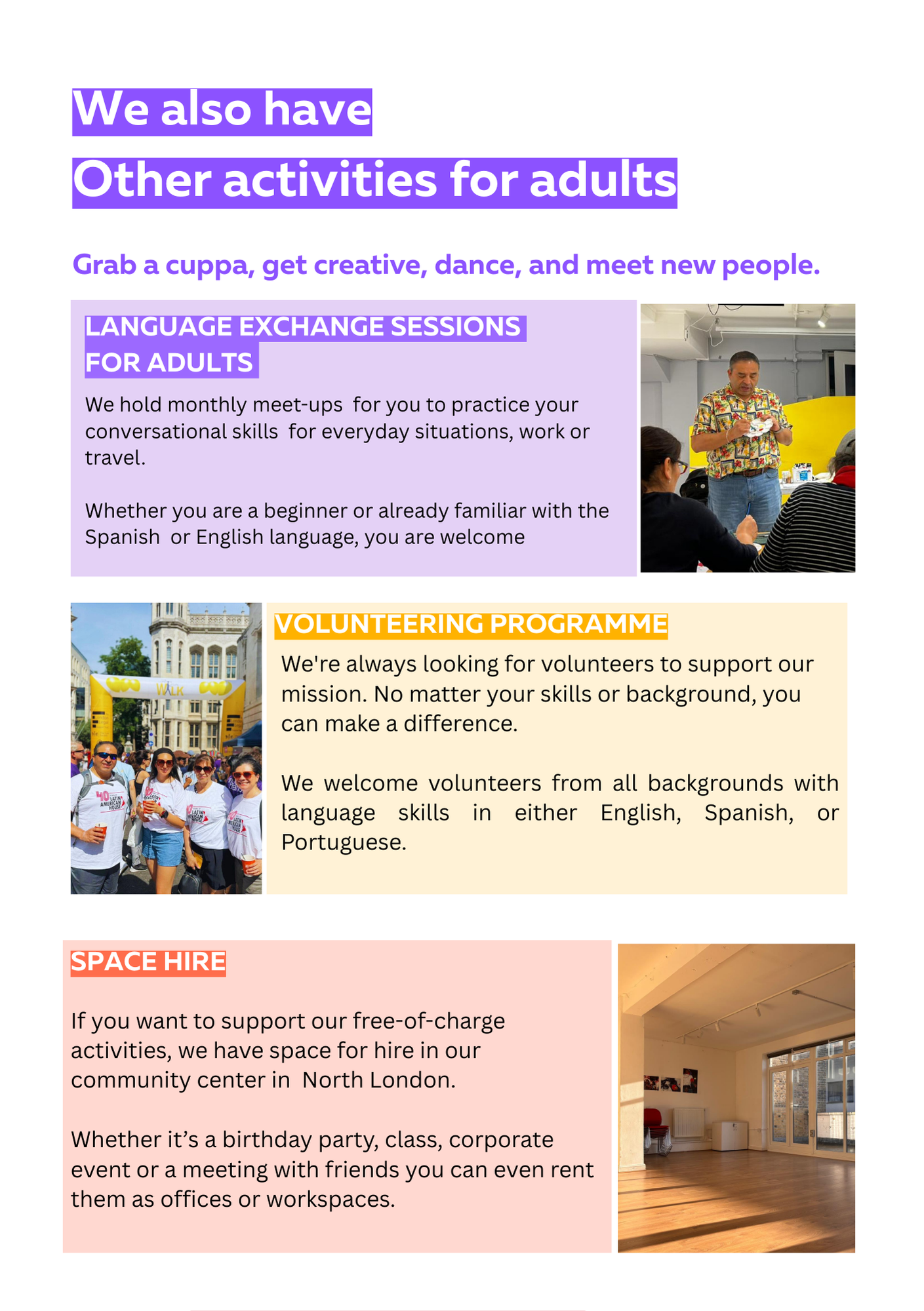 Flyer advertising activities for adults including language exchange sessions, volunteering programs, and space hire options, with photos of people at events and an empty community room.