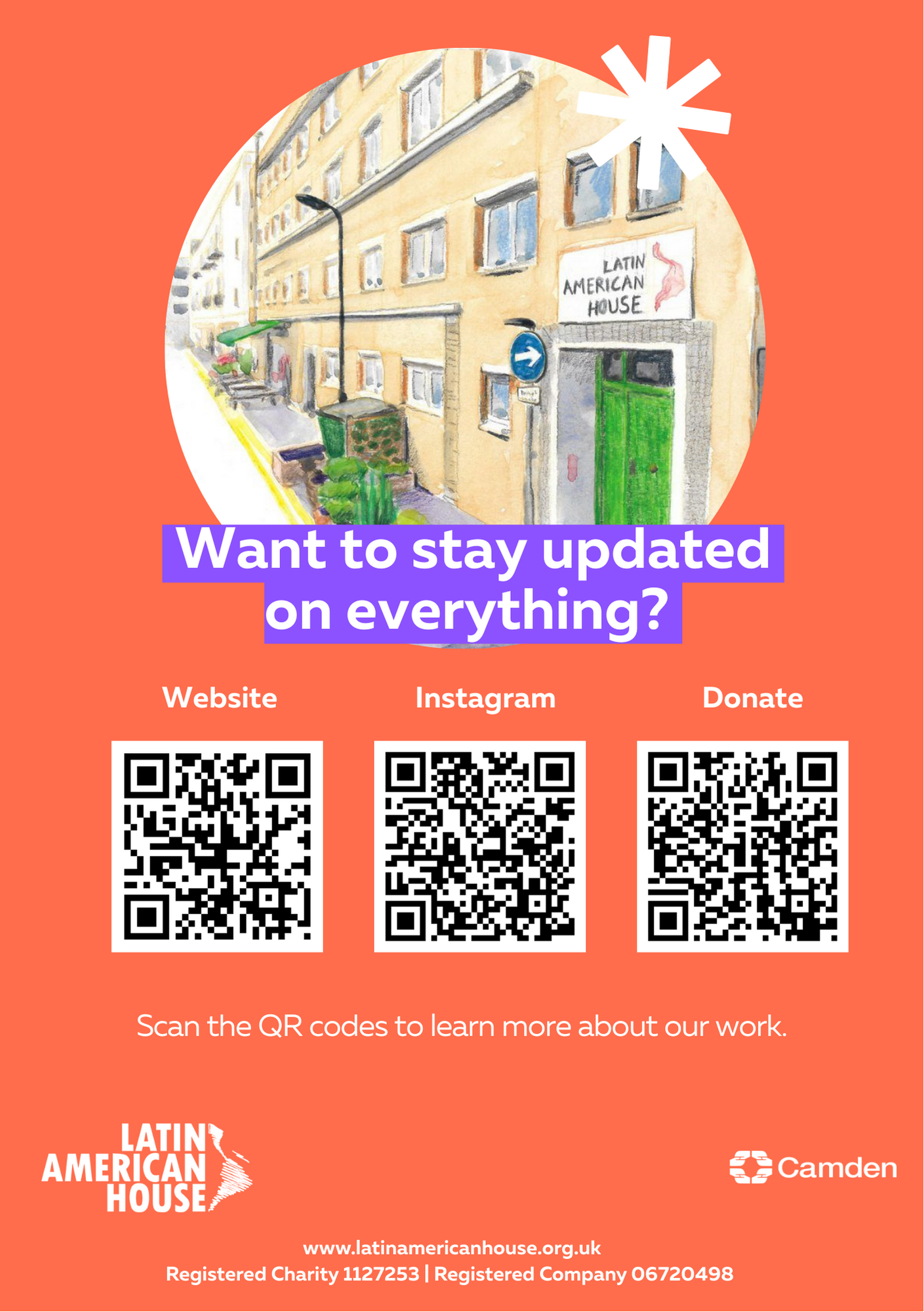 A promotional flyer with a cartoon-style illustration of a city street featuring buildings, a green door, and a sign that reads 'Latin American House.' The flyer includes the text 'Want to stay updated on everything?' and three QR codes labeled 'Website,' 'Instagram,' and 'Donate.' The background is orange with white and purple text, and the flyer is branded with the Latin American House and Camden logos.