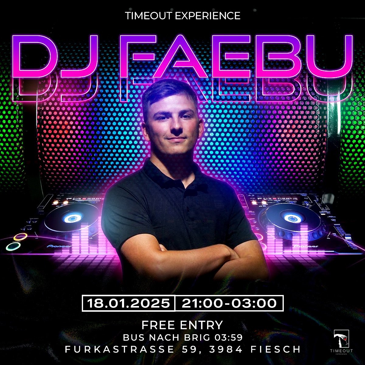 This Saturday from 21:00 @dj_faebu 🕺🪩

#timeout#timeoutfiesch#fiesch#aletscharena_ch #aletscharena #faebu