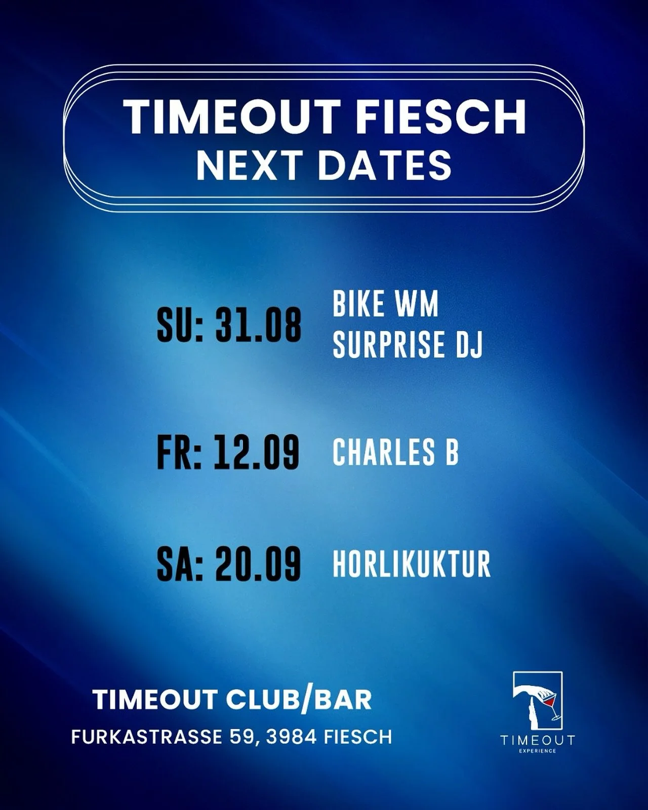 We are back!!
Next dates TimeOut Fiesch 🍷

#timeout#fiesch#aletscharena#timeoutfiesch#charlesb