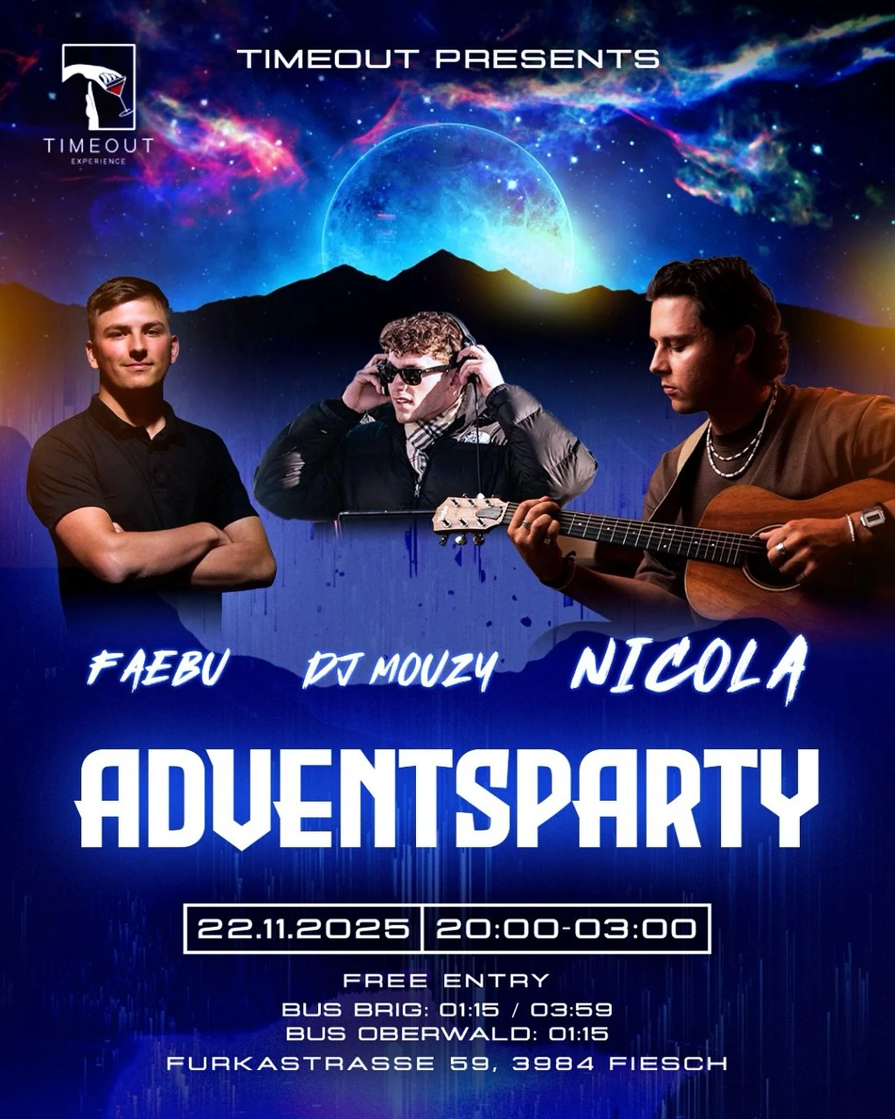 🚨NEXT NIGHT &ndash; CLUB OPEN AGAIN
🗓️ 22.11.2025
🎤🎧 @nicolazeitermusic @dj_faebu @mouzy.mp3 

#timeout#timeoutfiesch#fiesch#guschtavo#faebu#aletscharena