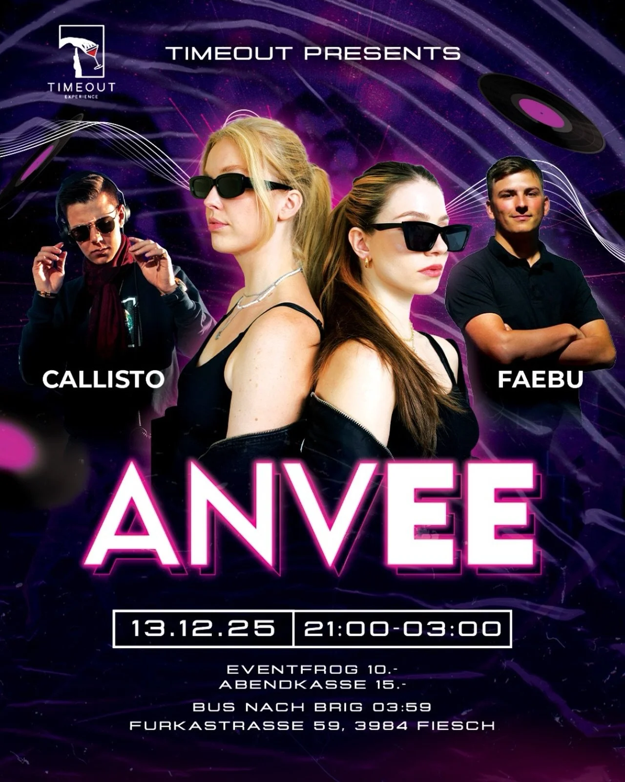 🔥 TimeOut presents ANVE 🔥
🗓️ 13.12.2025 
⭕️ 16+

🎟️ Tickets jetzt auf Eventfrog erh&auml;ltlich (Link Bio)
🚌 Bus nach Brig um 03:59
📍 TimeOut, Furkastrasse 59

#timeout#fiesch#timeoutfiesch#aletscharena#party#festwallis