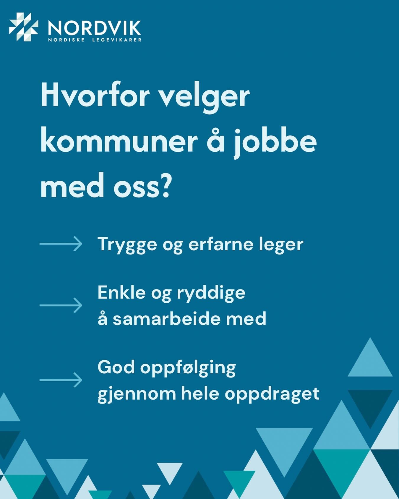 Hvorfor velger kommuner &aring; jobbe med oss?💡

Vi i Nordvik er stolte av &aring; samarbeide med over 250 kommuner i hele Norge!

Det oppdragsgiverne v&aring;re setter mest pris p&aring;, er:&nbsp;

🥼 Trygge og erfarne leger
🤝 At vi er enkle og r