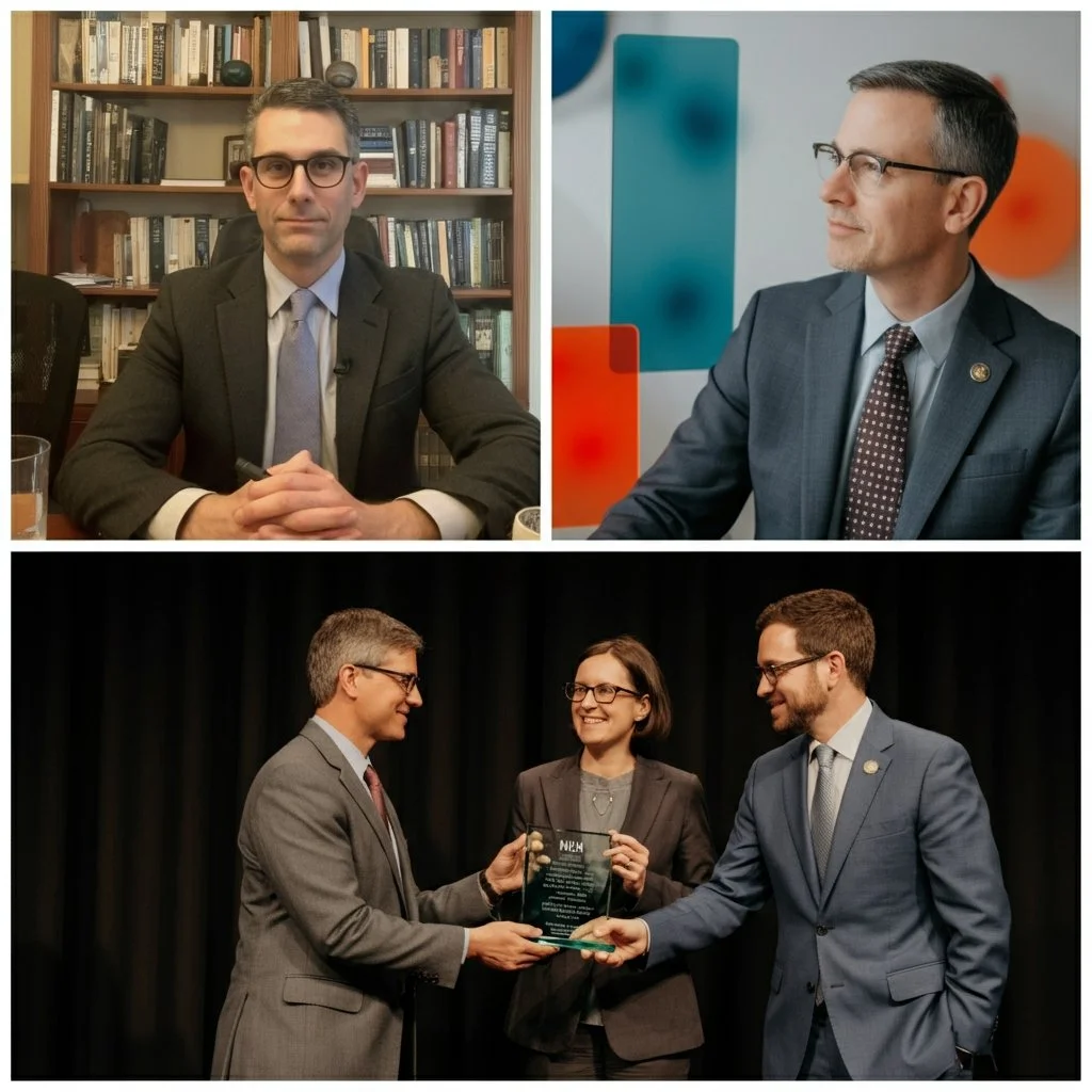 In the top left, a man in a suit with glasses sits at a desk in front of a bookshelf. Top right, a man in a suit with glasses looks to his left against a background with colorful abstract shapes. Bottom, two men in suits shake hands while a woman in a blazer smiles and holds a plaque between them on a stage with a black curtain background.