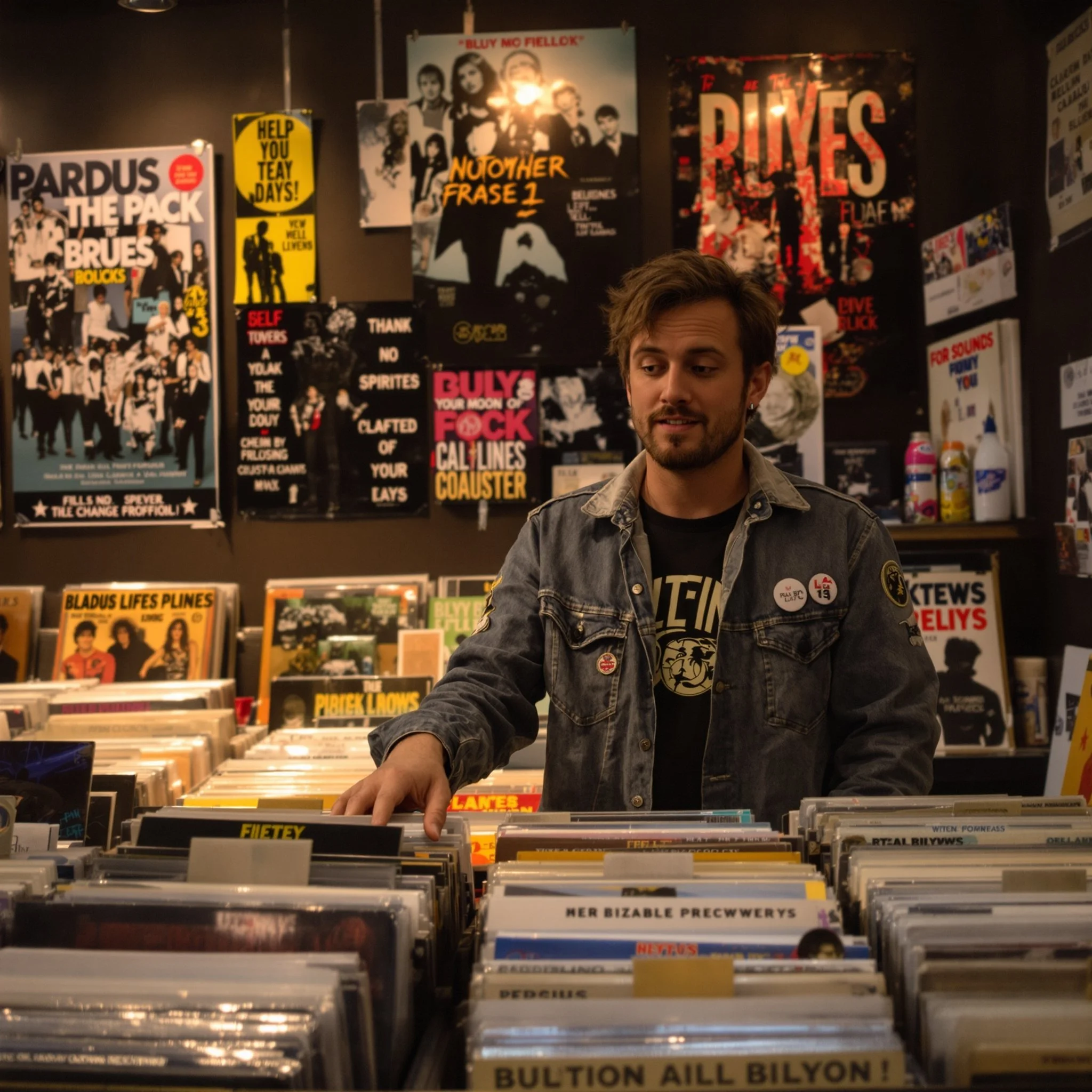 A man with a beard and styled hair browsing vinyl records in a record store, wearing a denim jacket with pins and a black t-shirt, surrounded by posters and records.