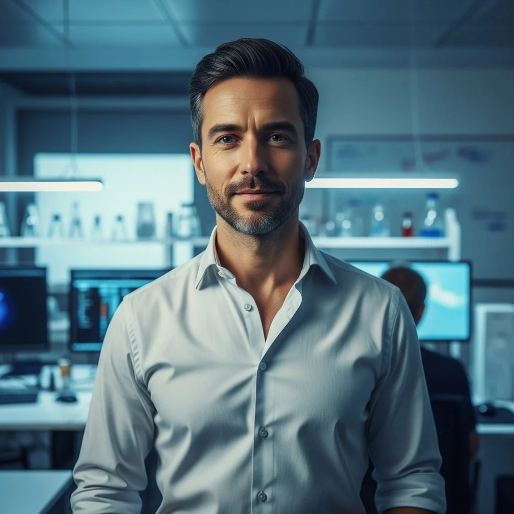 A man with dark hair, a beard, and a slight smile, wearing a white dress shirt, standing in a modern office with computer monitors and scientific equipment in the background.