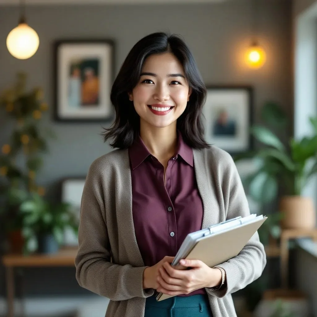 A smiling woman with shoulder-length black hair holding a folder and standing in a cozy, well-lit interior space with framed pictures, plants, and warm lighting.