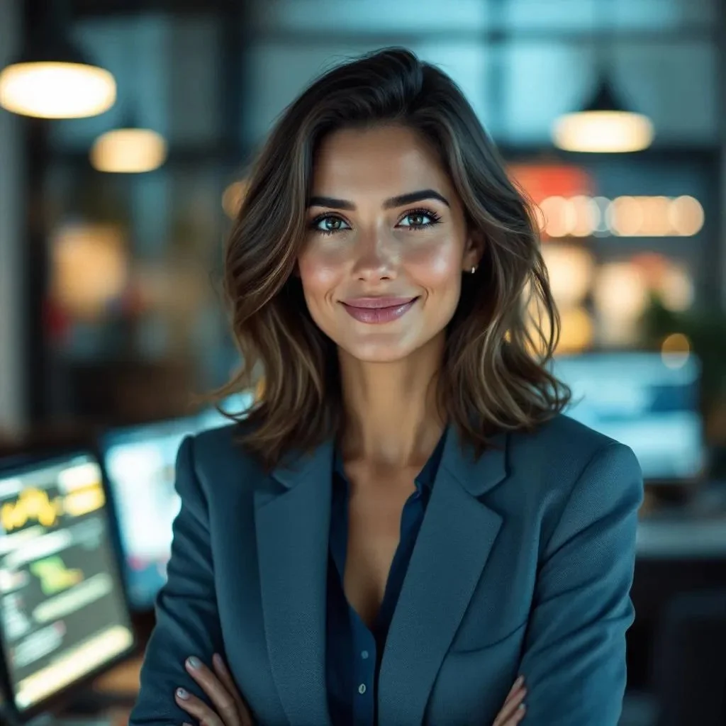 A confident woman with shoulder-length brown hair and blue eyes smiling, dressed in a dark blue blazer, standing with arms crossed in a modern office environment with blurred screens and warm lighting in the background.
