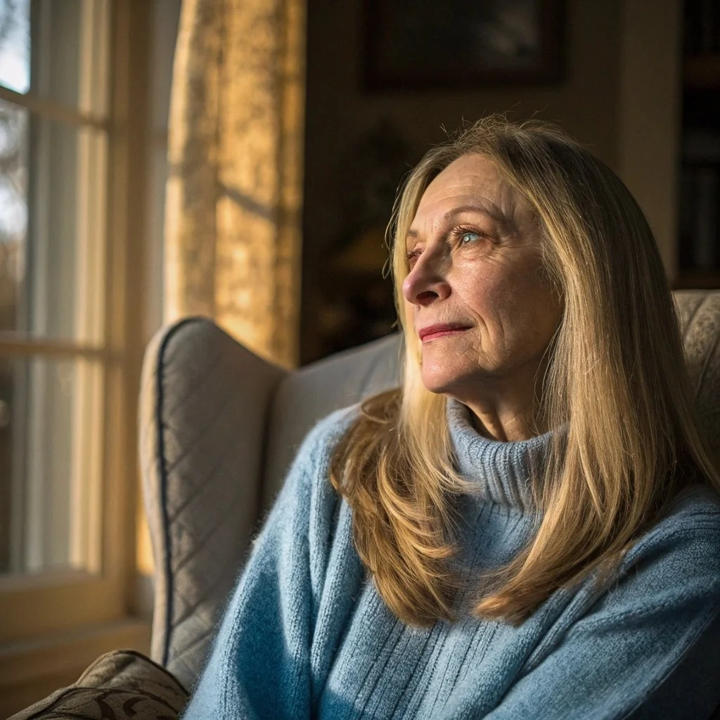 An elderly woman with long blonde hair sitting on a sofa near a window, looking thoughtfully outside as sunlight streams in.