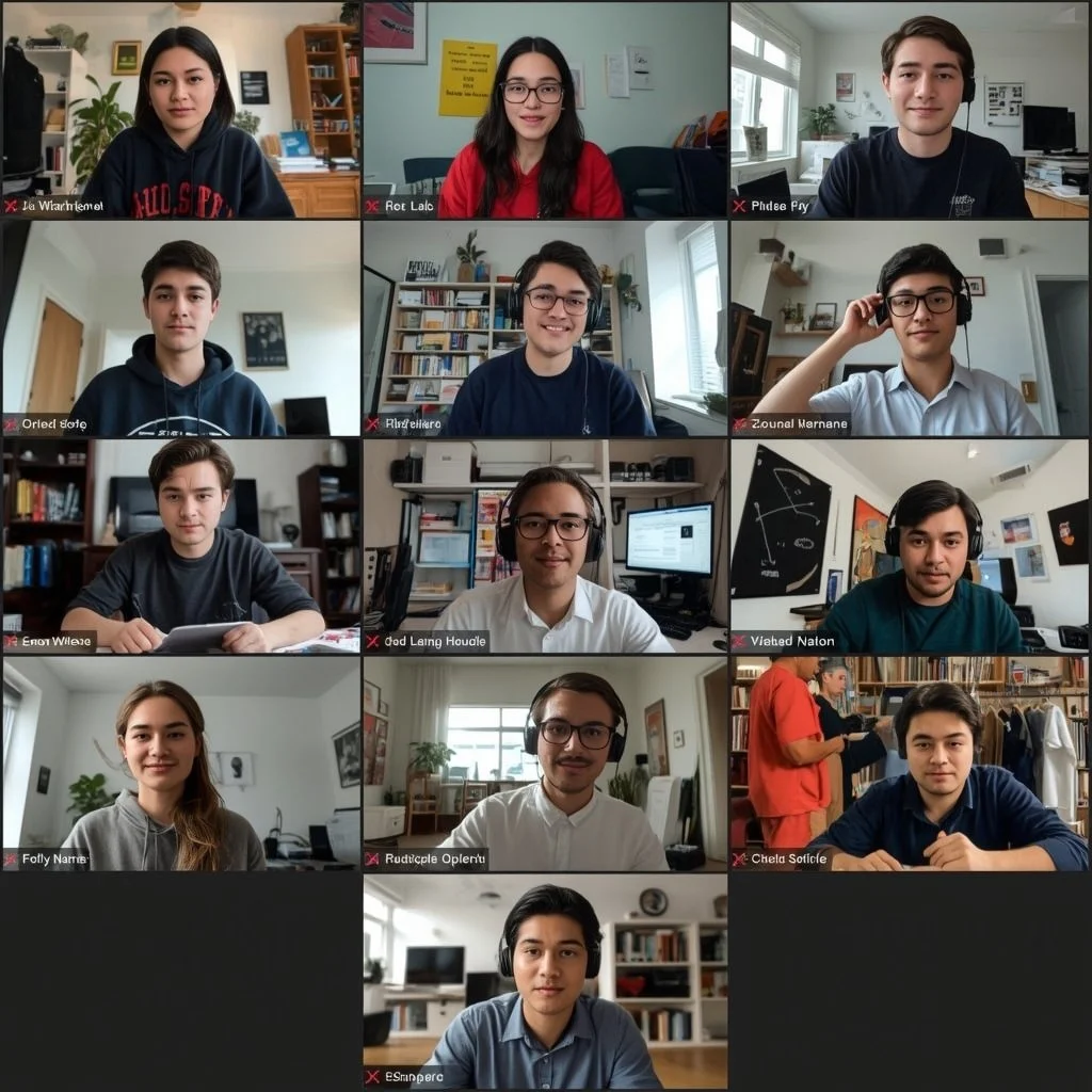 A grid of 14 people participating in a virtual meeting, each person in their own home or office, some wearing headphones or glasses, in various room settings.