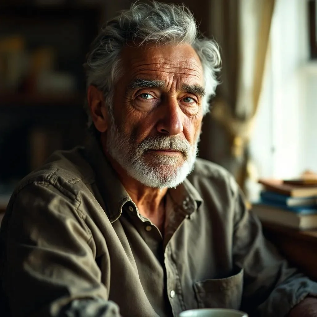 Close-up of an elderly man with gray hair and a beard, looking thoughtfully at the camera, sitting near a window with books and a coffee mug nearby.