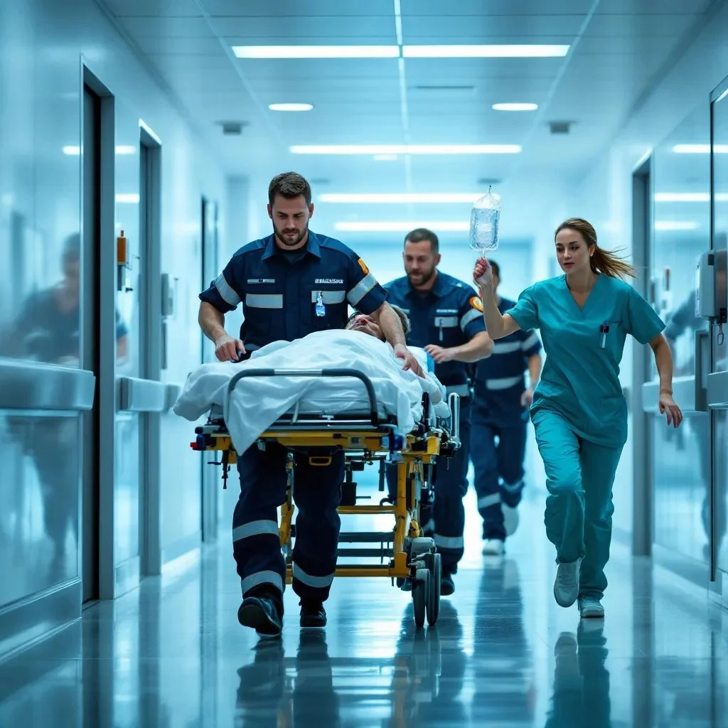 Medical emergency team transporting a patient on a stretcher down a hospital corridor. Nurse with IV bag alongside two paramedics.