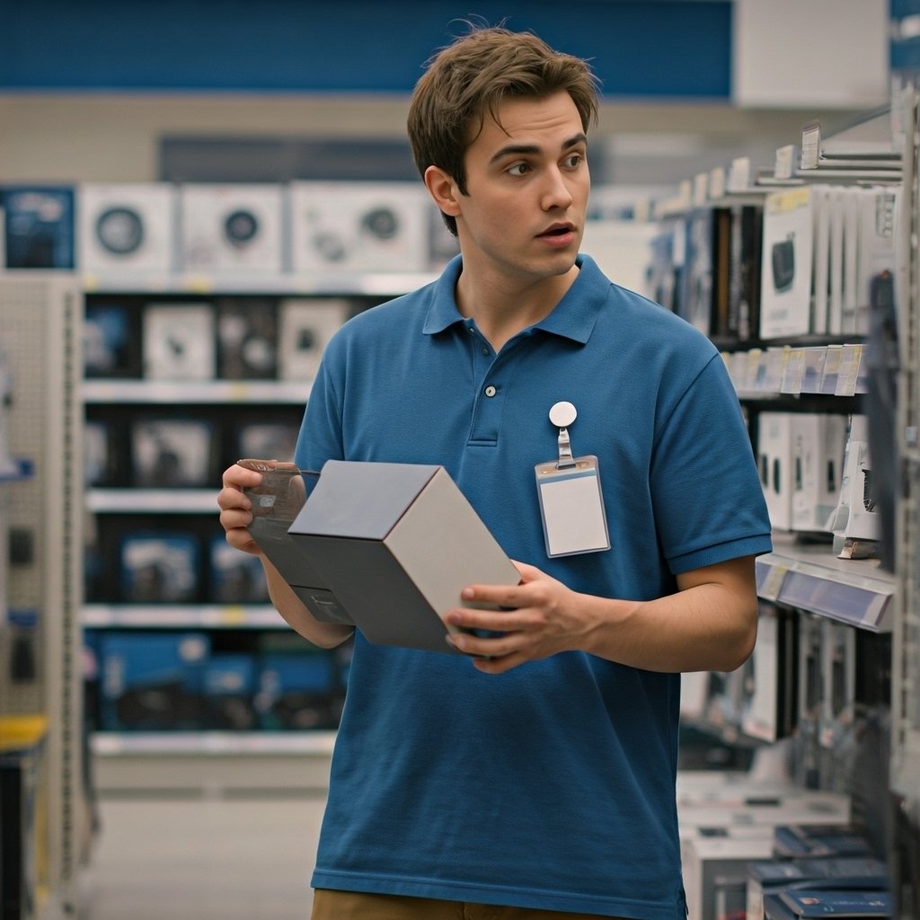 A young man with short brown hair, wearing a blue polo shirt and a store employee badge, looks surprised while shopping for electronics in a store aisle, holding a rectangular boxed item.