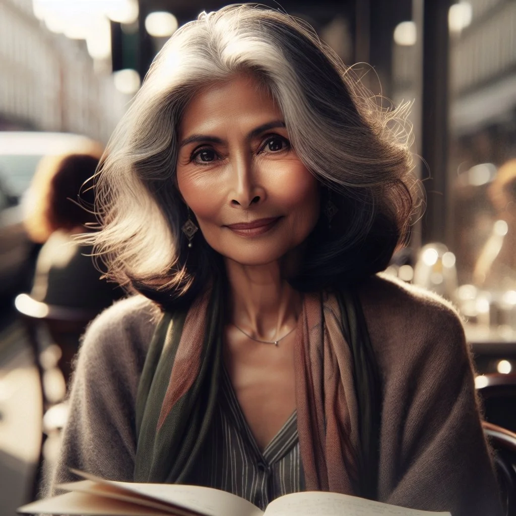 A portrait of an older woman with gray hair, wearing a striped blouse and a brown scarf, sitting outdoors at a cafe with a warm smile.