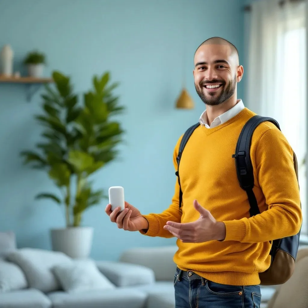 A smiling man with a backpack holding a small white device, standing in a bright living room.