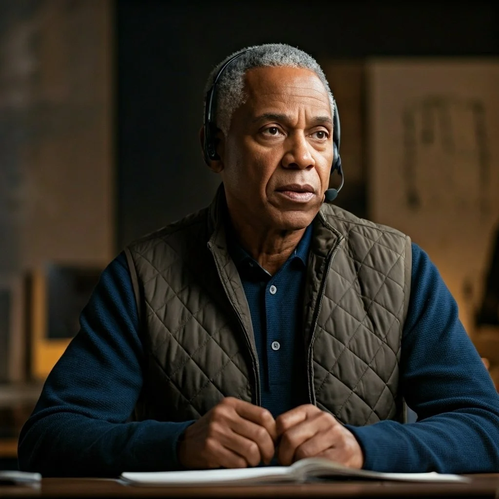 An older man with gray hair wearing a headset, sitting at a table with a notebook, in a room with blurred background.