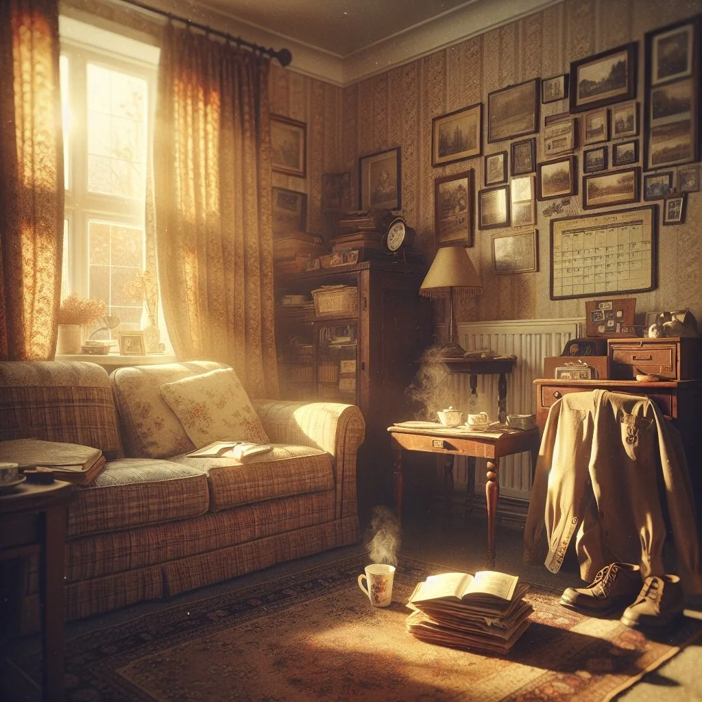 A cozy, warmly lit living room with sunlight streaming through a window covered by patterned curtains. There is a plaid sofa with floral pillows, a small table with an open book and steaming coffee mug, and a wall filled with framed pictures and a calendar. The room has vintage furniture, including a wooden bookshelf, a lamp, and a dresser, creating a nostalgic and inviting atmosphere.