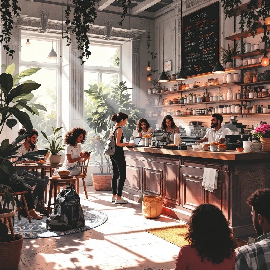 A coffee shop with large windows, indoor plants, a wooden counter with baristas, and customers seated and ordering, sunlit with warm lighting.