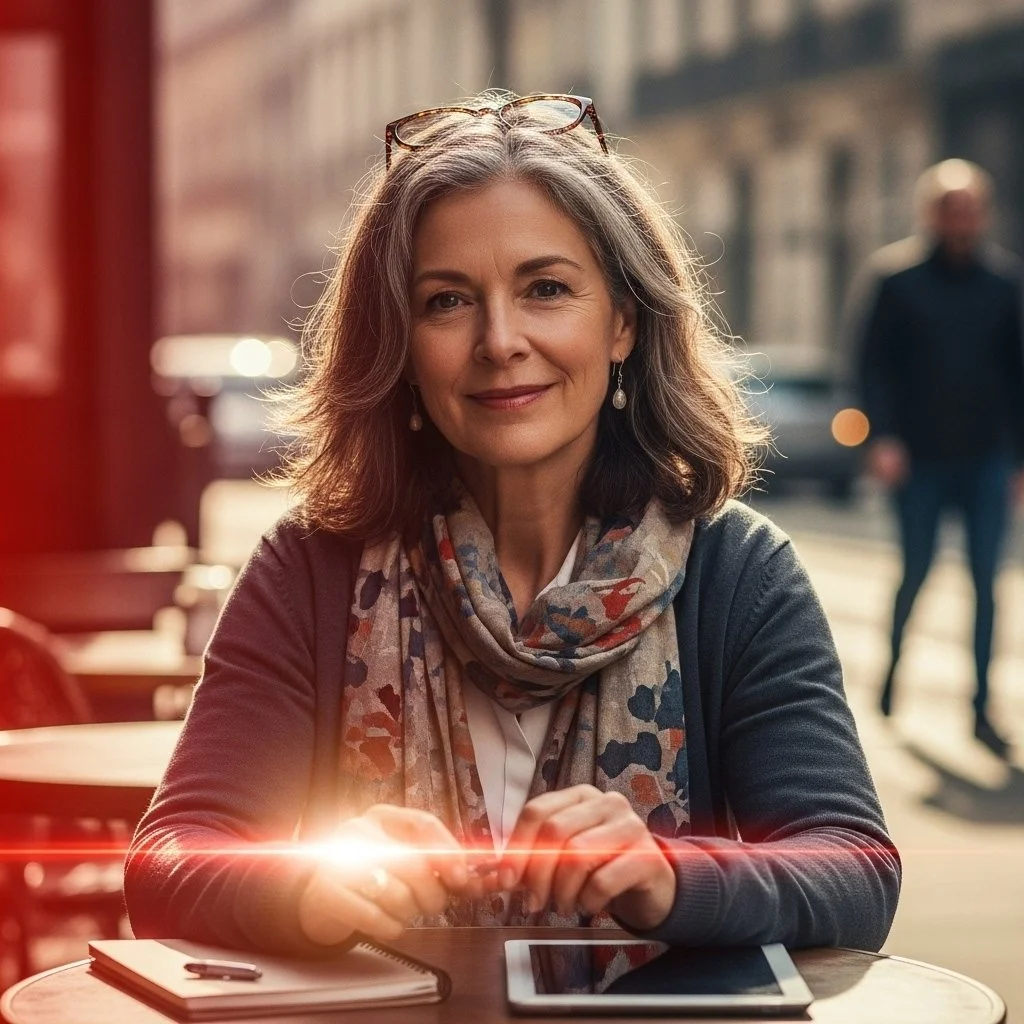 A middle-aged woman with glasses on her head and earrings, smiling, sitting at a table outdoors with a notepad and tablet, in an urban setting during daytime.