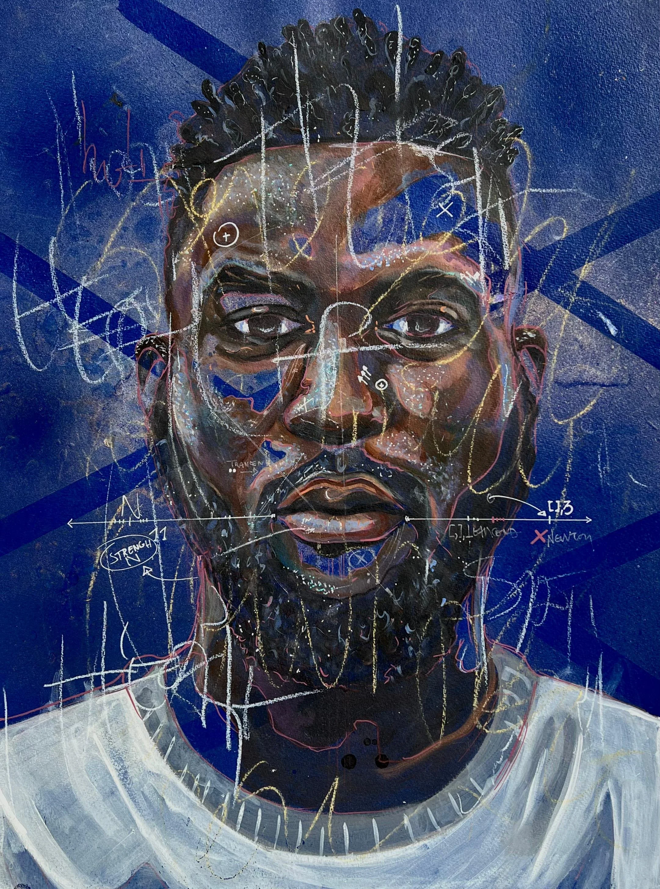Jordy Kissy Moussa, Mental Load, acrylique, posca et spray sur papier canson, 50 x 65 cm, 2025