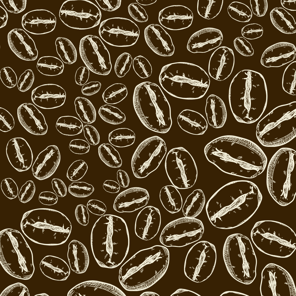 A pattern of white fish and oval shapes resembling fish eggs or seeds, on a dark brown background.
