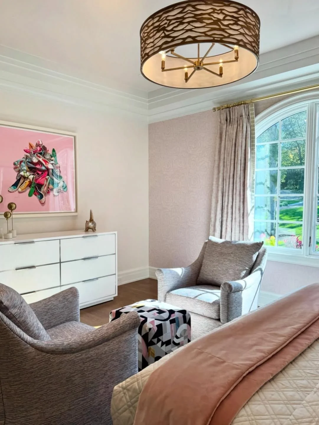 From the team at @rcqdesign - 

A last look at our Pink Chaos bedroom &mdash; this angle features the Trowbridge art piece &ldquo;Closet Chaos,&rdquo; the inspiration behind the room&rsquo;s name. Soft hues, layered textures, and playful details echo