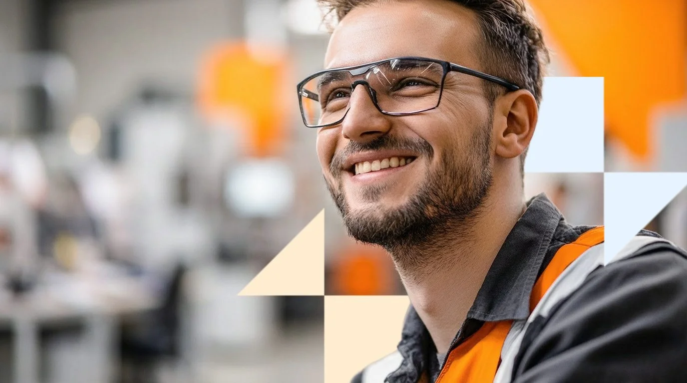 Ein lächelnder Mann mit Brille und Bart in einer fluorescenten orangefarbenen Sicherheitsweste, im Hintergrund eine industrielle oder technische Umgebung.