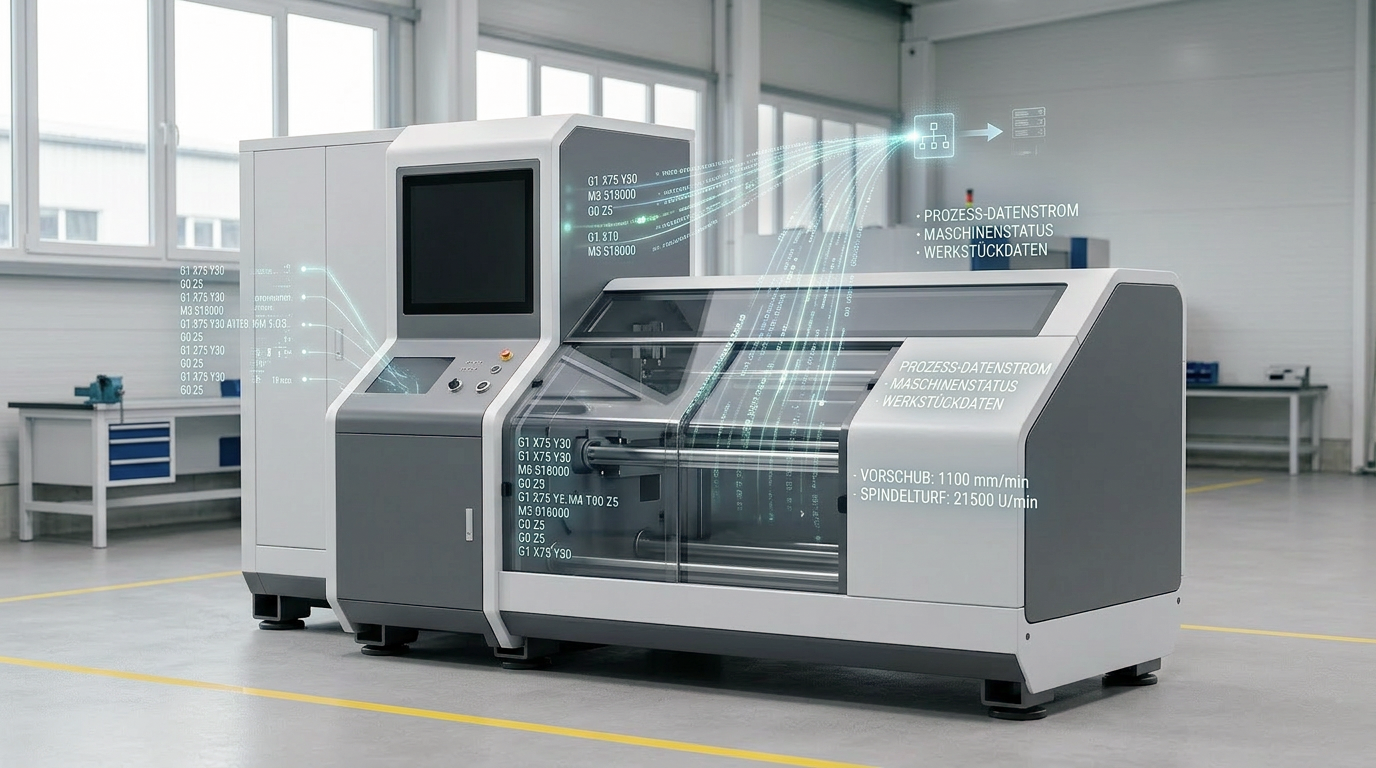 Ein automatisiertes Fertigungsgerät in einer modernen Werkstatt, mit digitalen Datenanzeigen und holografischer Überlagerung von technischen Informationen.