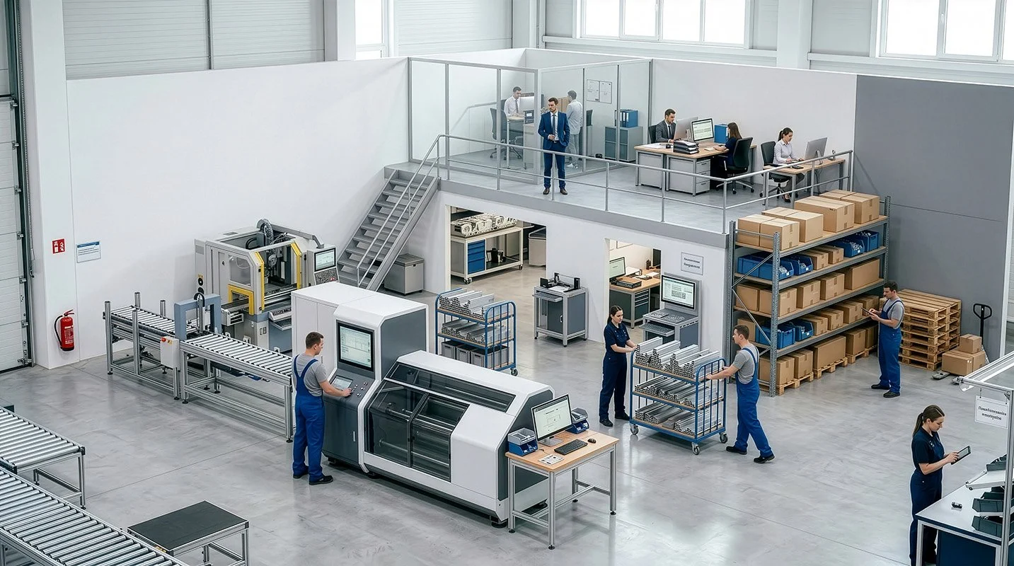 Produktion in einer modernen Fabrik mit Mitarbeitern, die an Maschinen und Computern arbeiten, Regale mit Paketen und Werkzeuge.