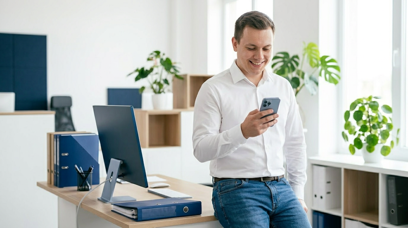 Ein lächelnder Mann in einem Büro, der auf sein Handy schaut.