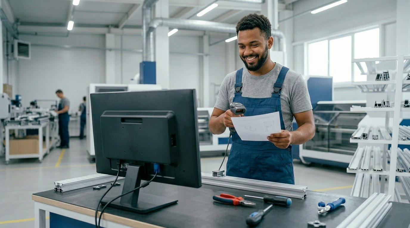 Ein glücklicher Arbeiter in einer Fertigungshalle, der mit einem Scanner ein Papier scannt und vor einem Computer steht, umgeben von Werkzeugen und Metallprofilen.