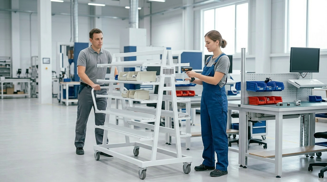Zwei Personen arbeiten in einem technischen Industrie- oder Fertigungsumfeld, eine steht neben einem Wagen mit Regalen und die andere hält ein Scanner oder ein mobiles Gerät, um etwas zu erfassen.