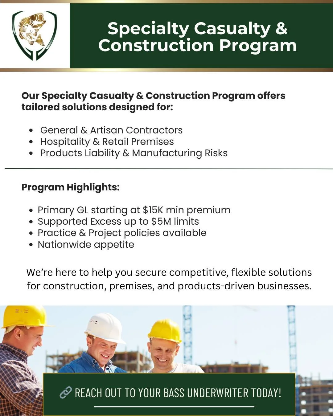 Building smarter coverage, one project at a time. 🏗️

Our Specialty Casualty &amp; Construction Program is designed for agents who need reliable solutions for construction, premises, and product-driven risks &mdash; with flexible underwriting and a 